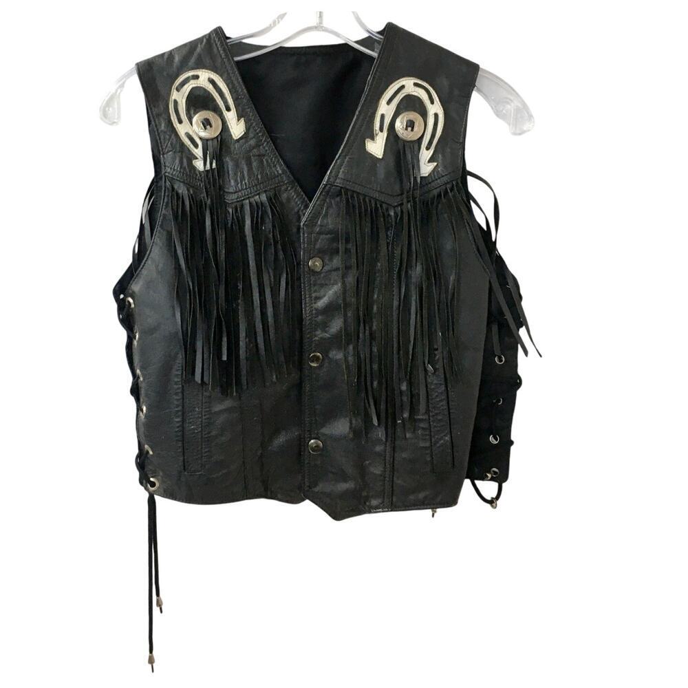 Vintage Black Leather Fringe Biker Vest Horseshoe Horse Patch Lace Up